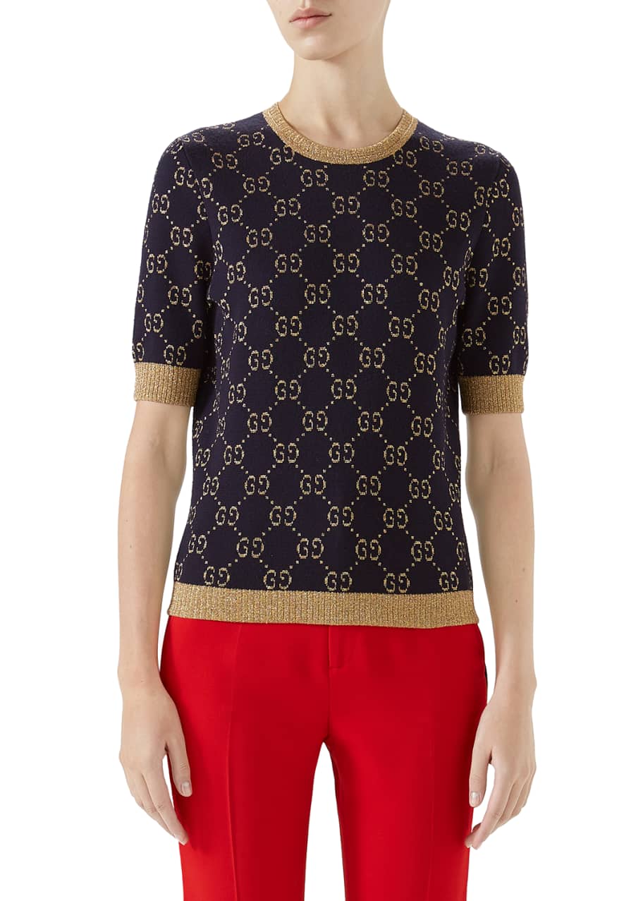 Gucci Crewneck Short-Sleeve Metallic GG Jacquard Sweater 