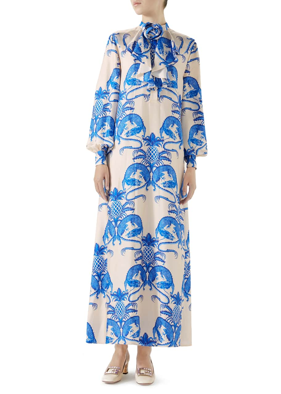 Gucci Dragon & Pineapple Long Silk Dress - Bergdorf Goodman