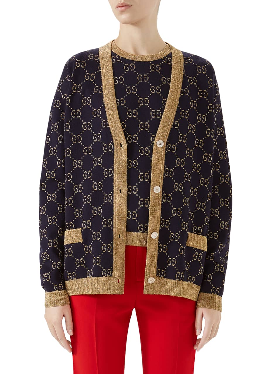 Image 1 of 1: Button-Front Long-Sleeve Fine Cotton Metallic GG-Jacquard Cardigan