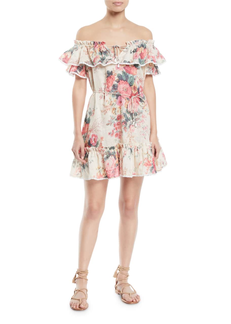 Zimmermann Laelia Off the Shoulder Floral Print Frill Tier Mini