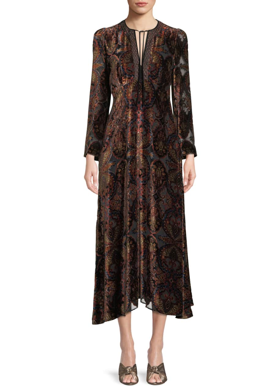 Etro Paisley-Print Velvet A-Line Granny Dress w/ Cravat Trim - Bergdorf ...