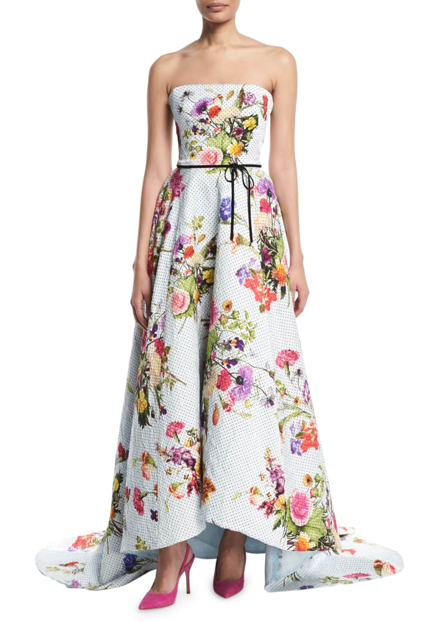 Monique Lhuillier Strapless Dotted Floral-Print Jacquard High-Low ...