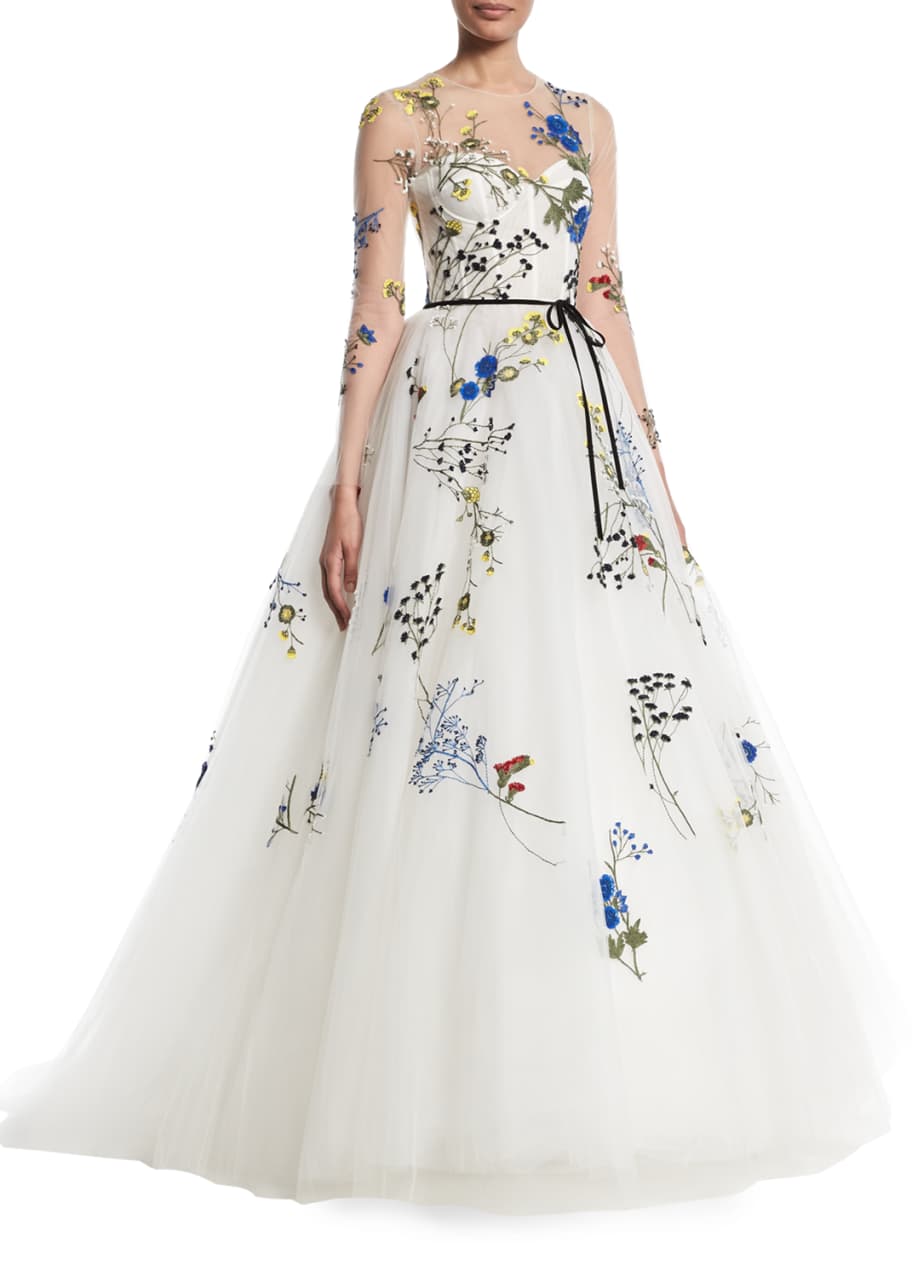 Monique Lhuillier Floral Embroidered Long Sleeve Illusion A Line Evening Gown Bergdorf Goodman 