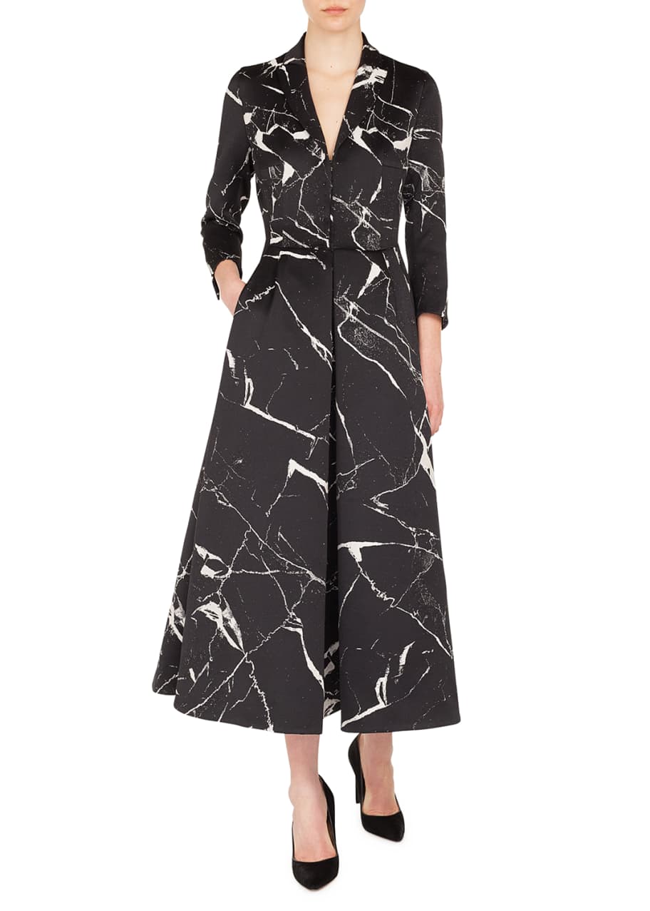 Image 1 of 1: Long-Sleeve Marble Tiles Jacquard Fit-and-Flare Coat Gown