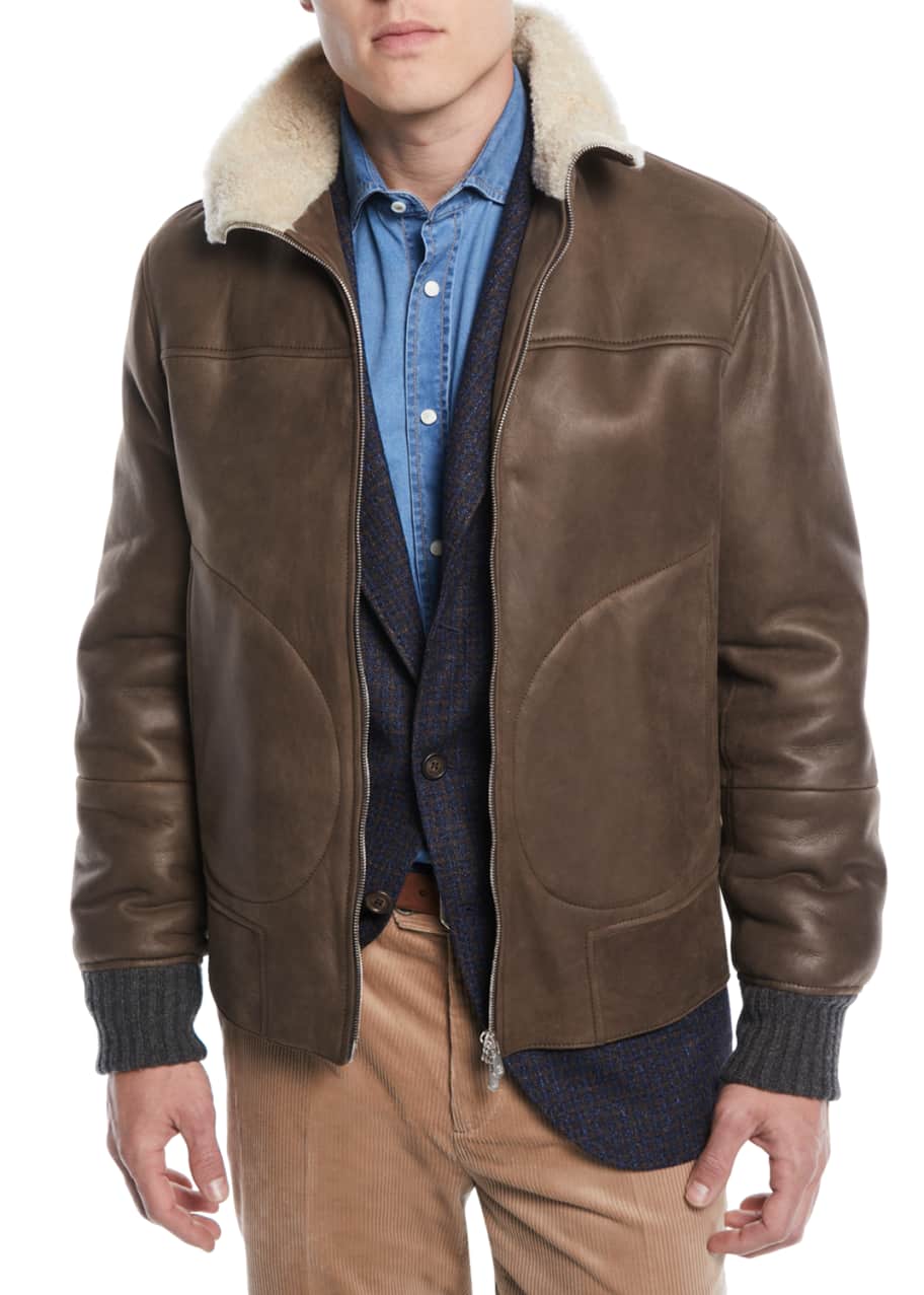 Brunello Cucinelli Men s Shearling Trim Short Leather Jacket