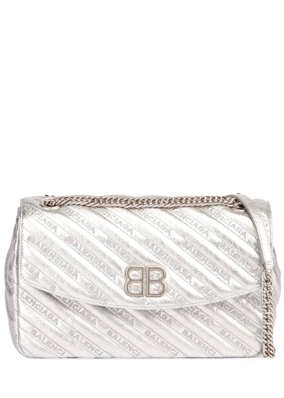 Balenciaga BB Round Medium Metallic Leather Chain Shoulder Bag