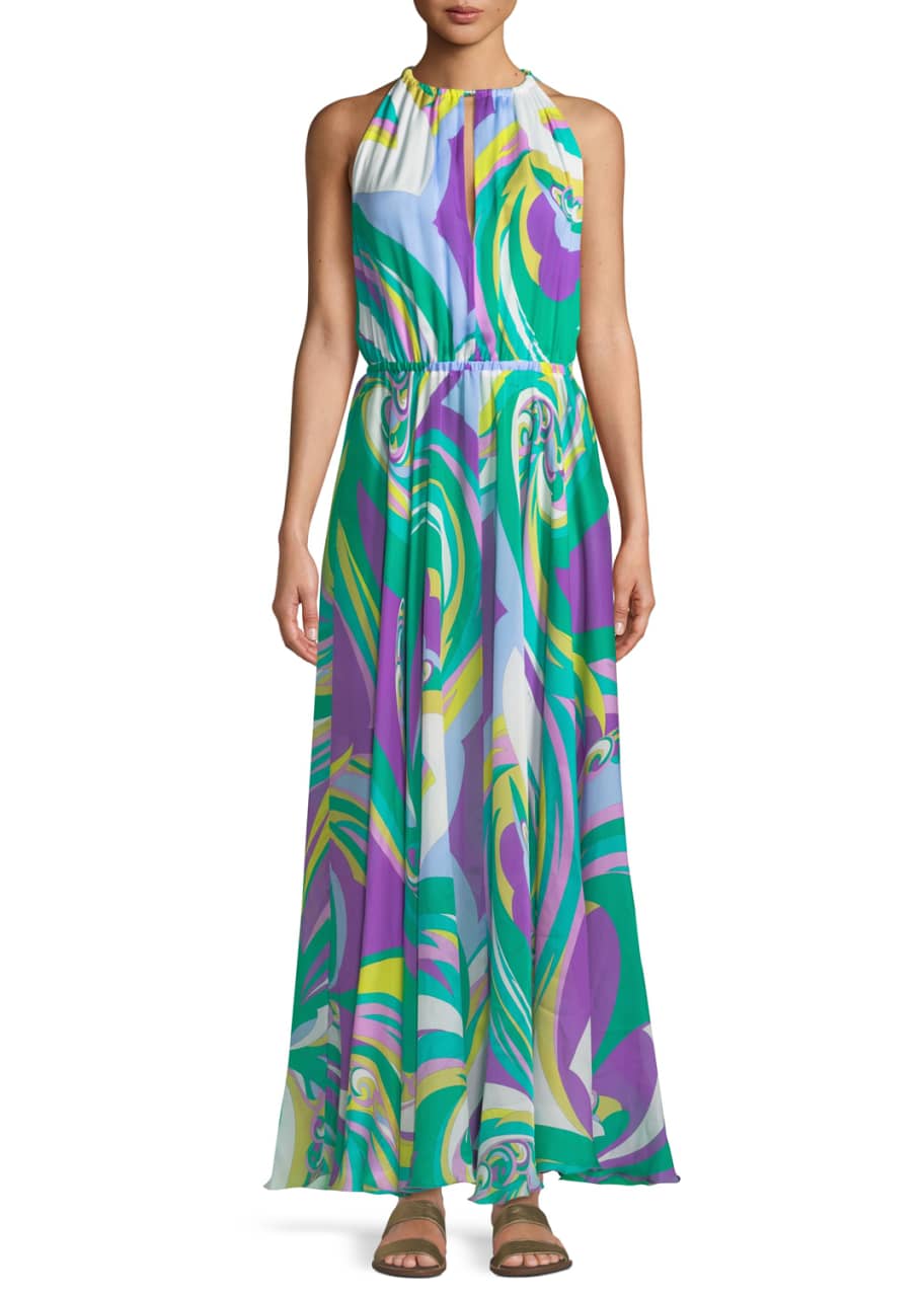Image 1 of 1: Parrot-Print Silk Coverup Maxi Halter Dress