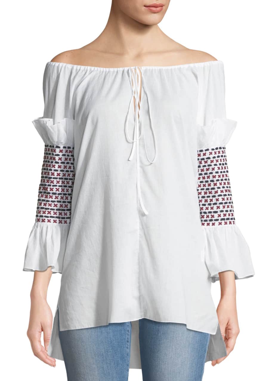 Rosie Assoulin Off-the-Shoulder Smock-Sleeve Cotton Voile Top w ...