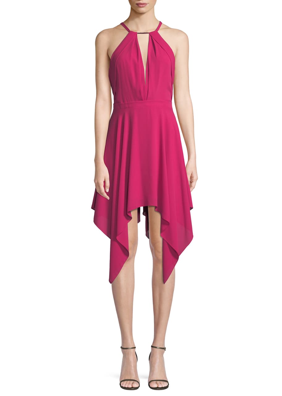 Halston Heritage Beaded HandkerchiefHem Halter Cocktail Dress