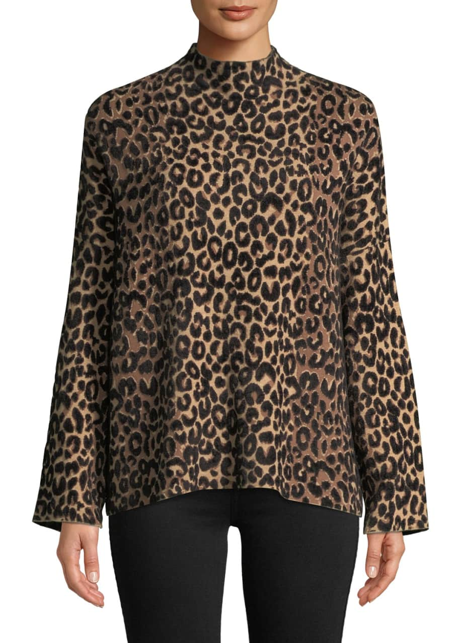 Milly Mock-Neck Long-Sleeve Textured Cheetah Sweater - Bergdorf Goodman