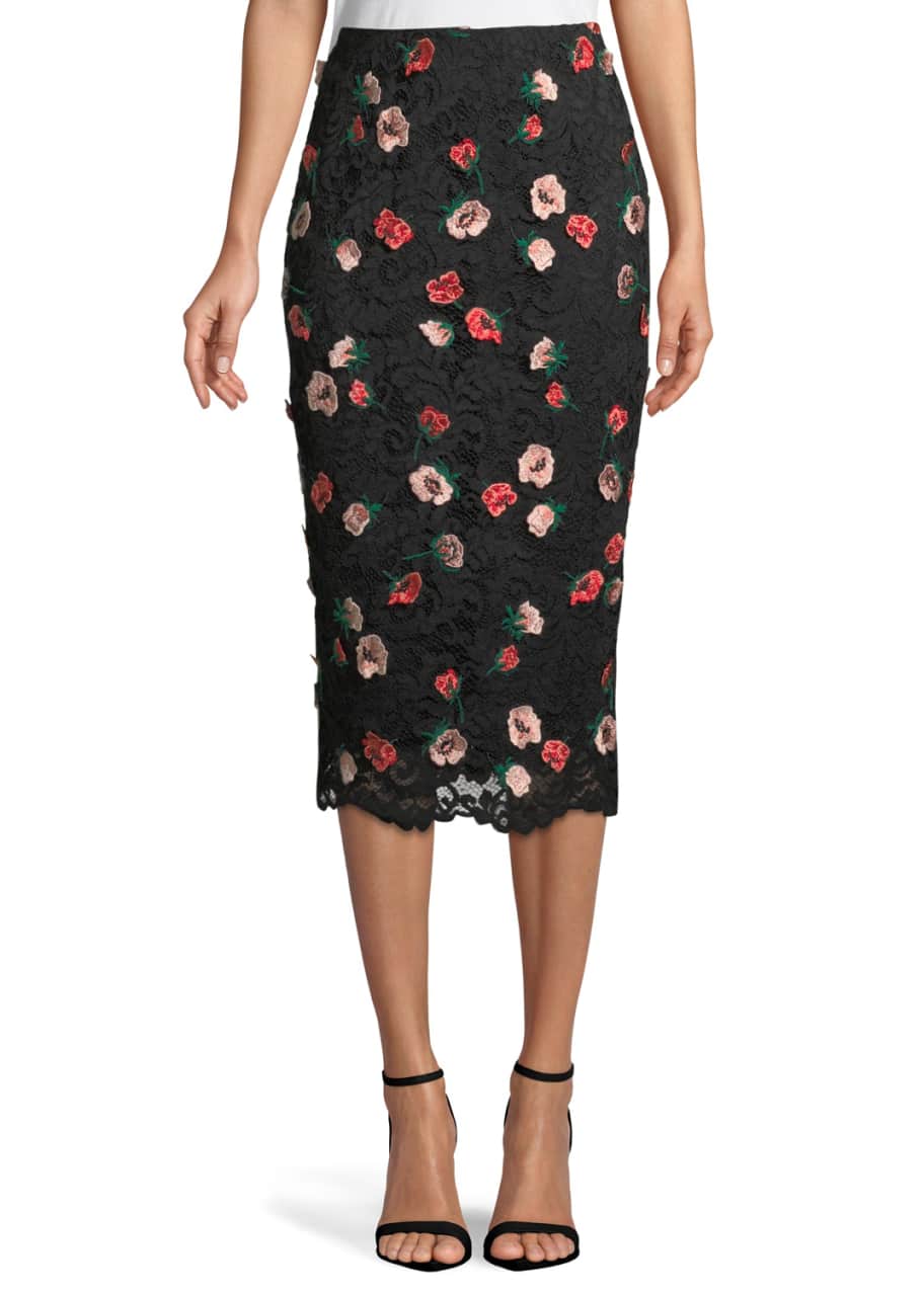 Lela Rose RoseEmbroidered Lace Pencil Midi Skirt Bergdorf Goodman