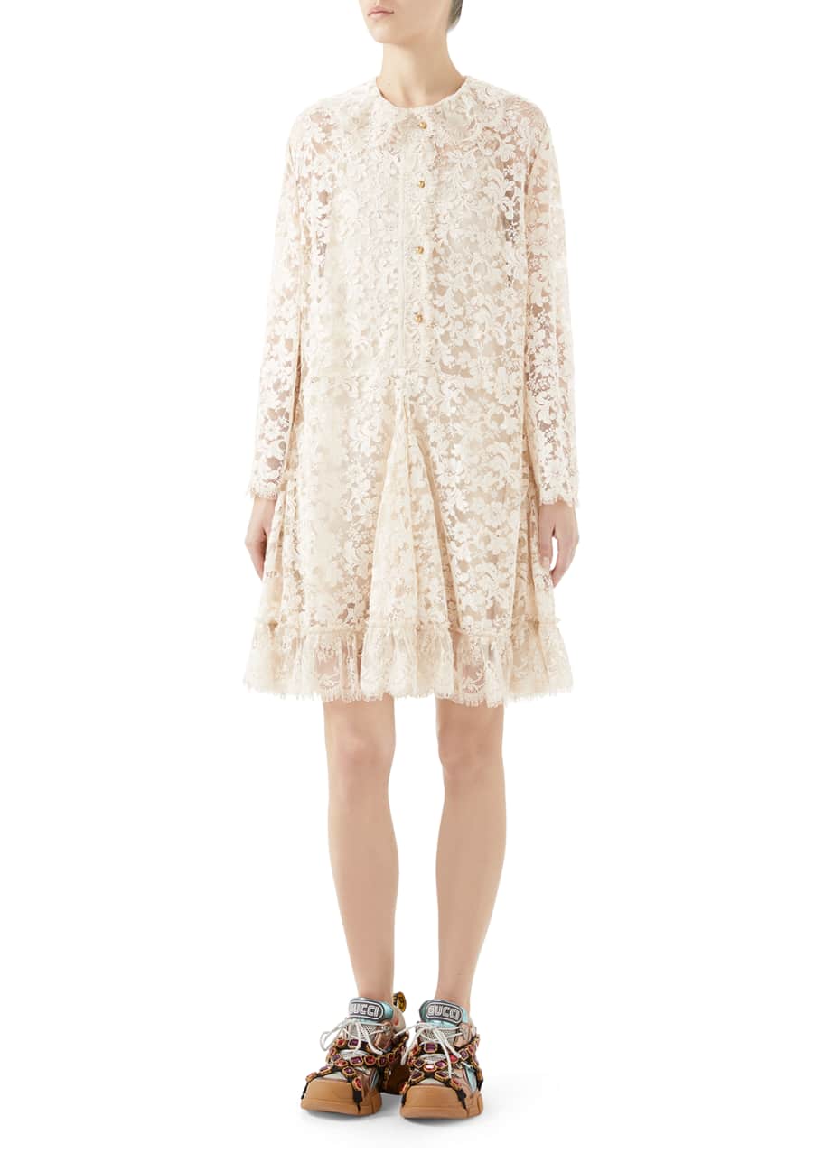 Gucci Long Sleeve Button Front Godet Skirt Lace Dress Bergdorf