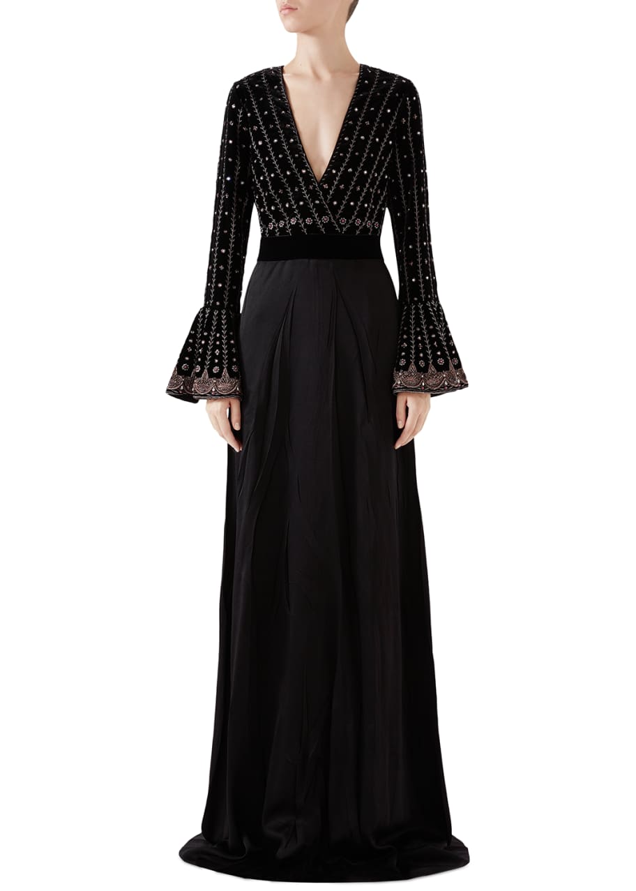 Gucci V-Neck Embroidered-Bodice A-Line Evening Gown - Bergdorf