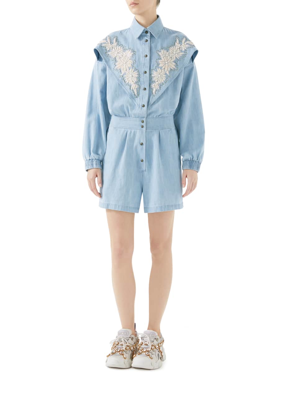 Gucci Long Sleeve Bleached Denim Jumpsuit w Floral Embroidery