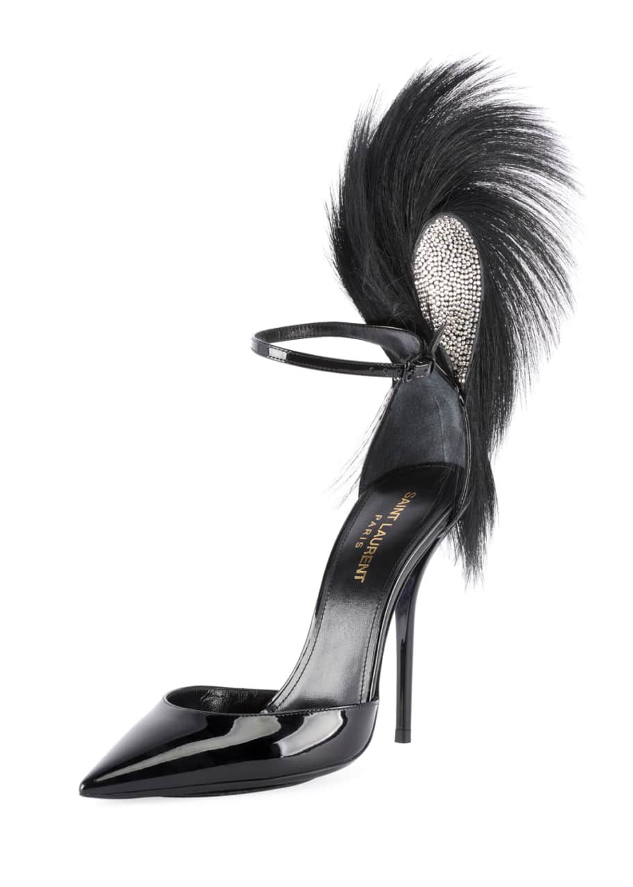 Saint Laurent Jamie Patent Fur-Trimmed Ankle Pumps - Bergdorf Goodman