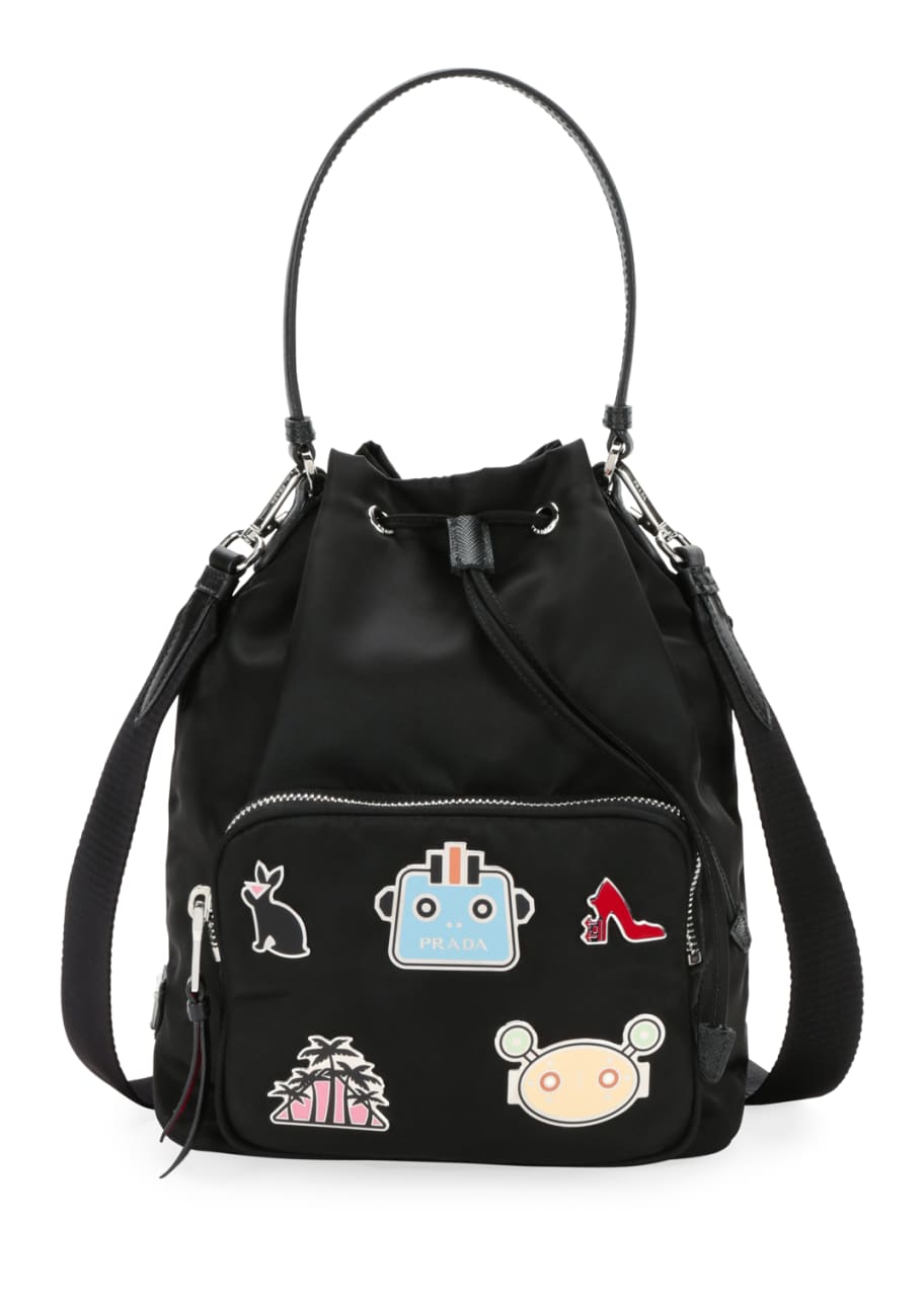 Prada Large Nylon Drawstring Pouch with Grpahic Appliqu s