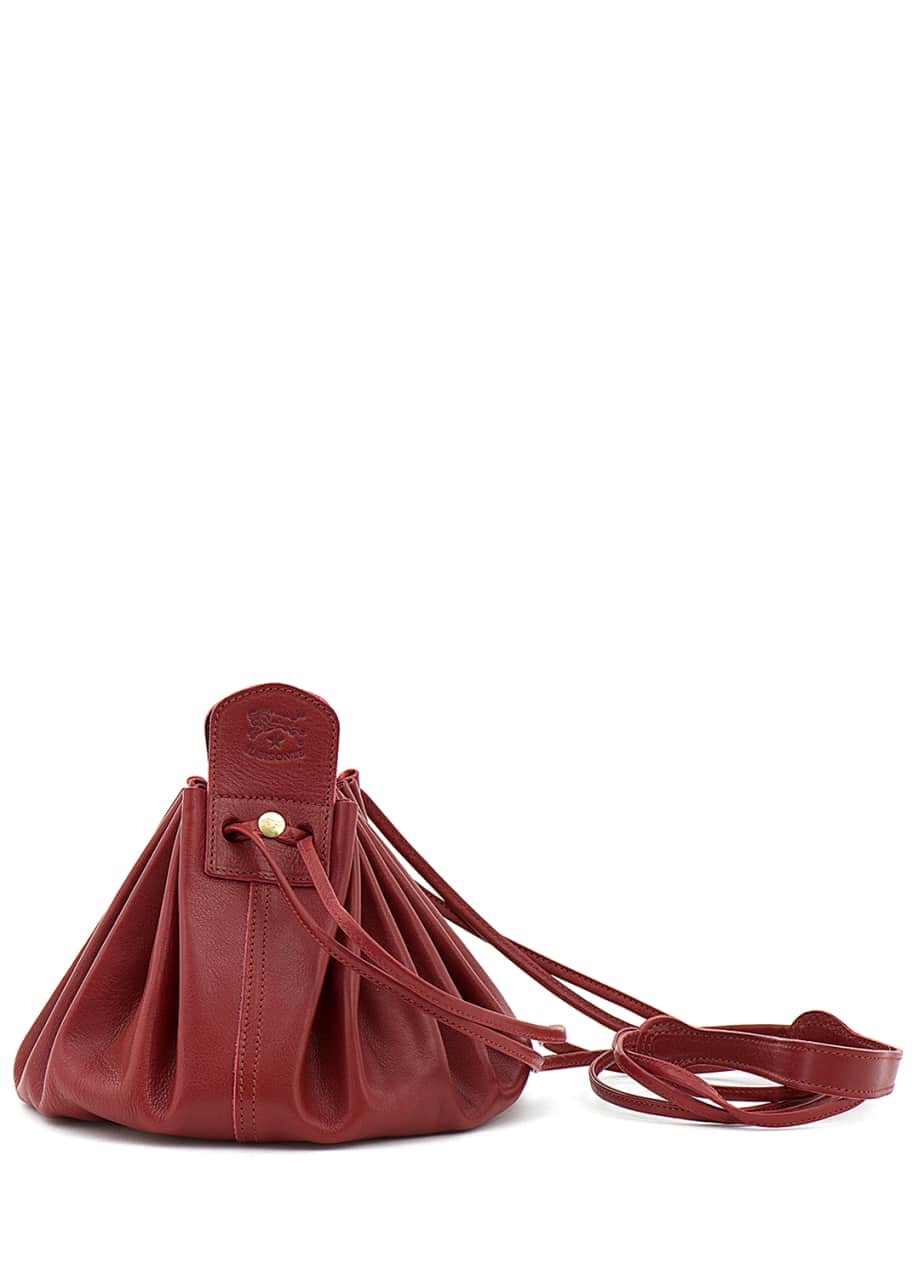 Image 1 of 1: Drawstring Leather Crossbody Pouch Bag, Red