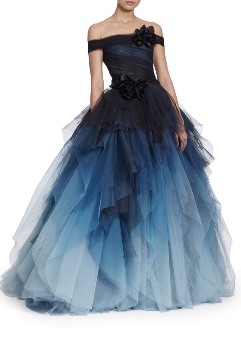 Marchesa Off The Shoulder Corset Bodice Ombre Tulle Ball Gown W Velvet