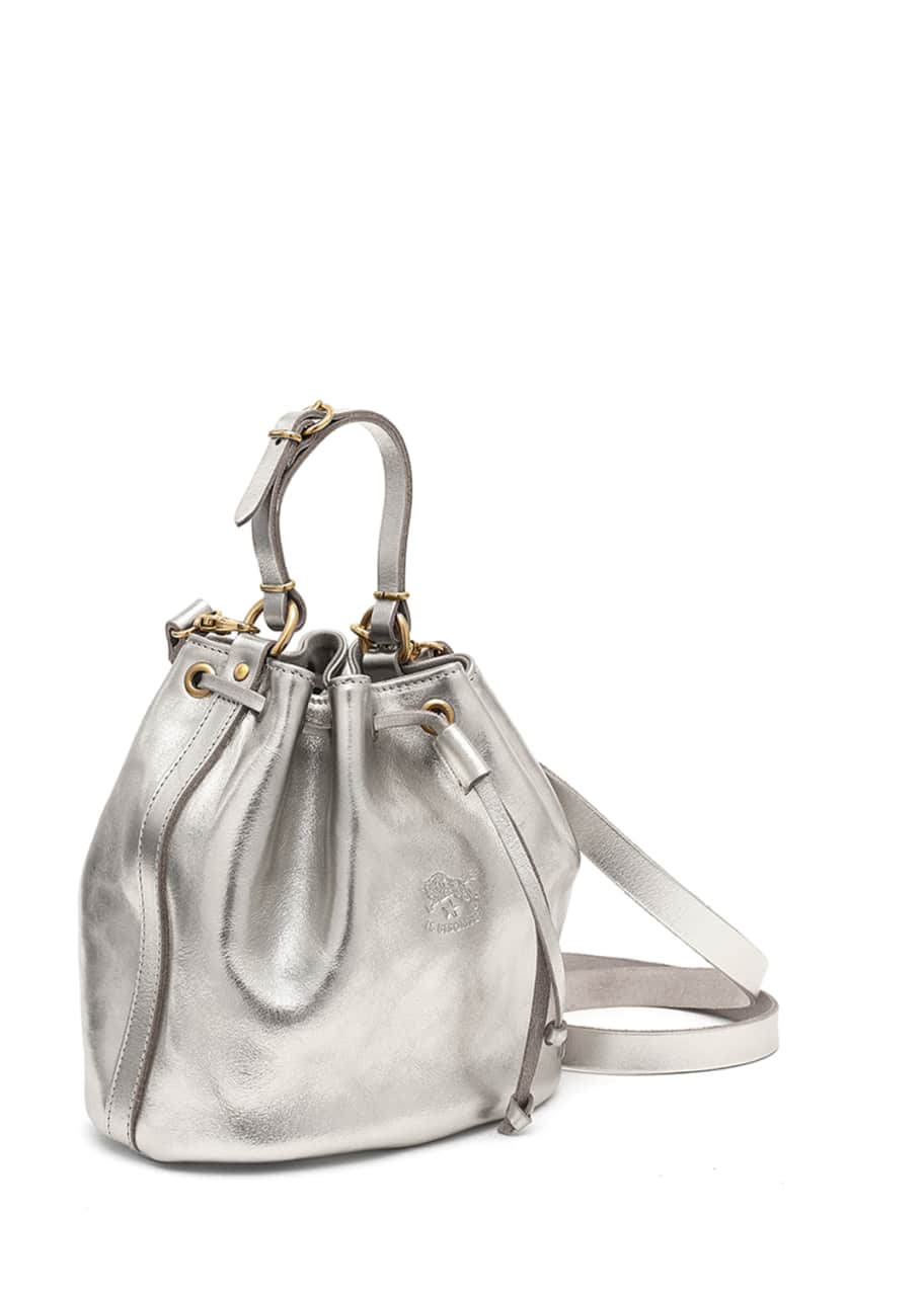 Image 1 of 1: Metallic Leather Drawstring Bucket Bag, Silver