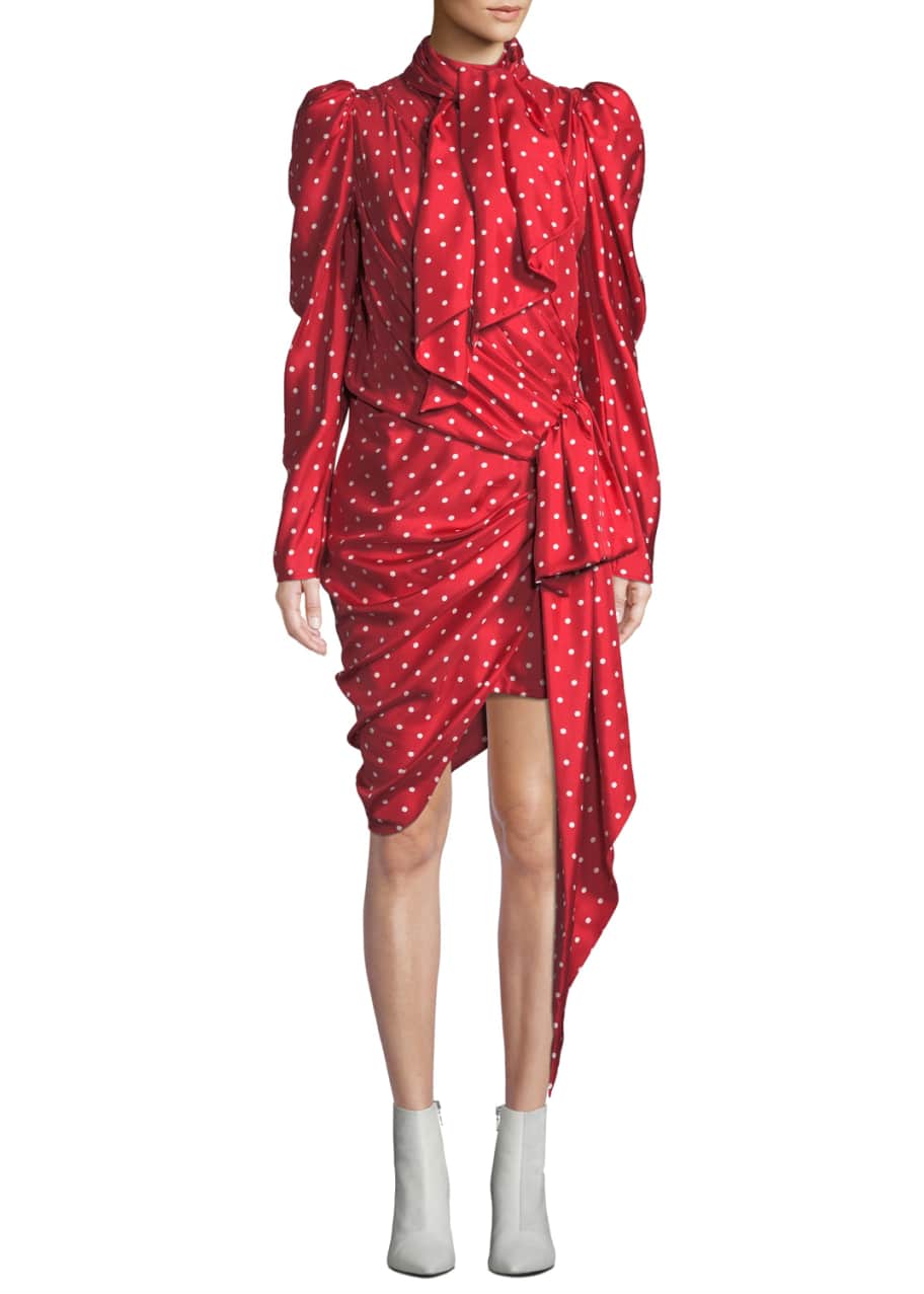 Image 1 of 1: Mini-Dotted Ruched-Silk Wrap Dress