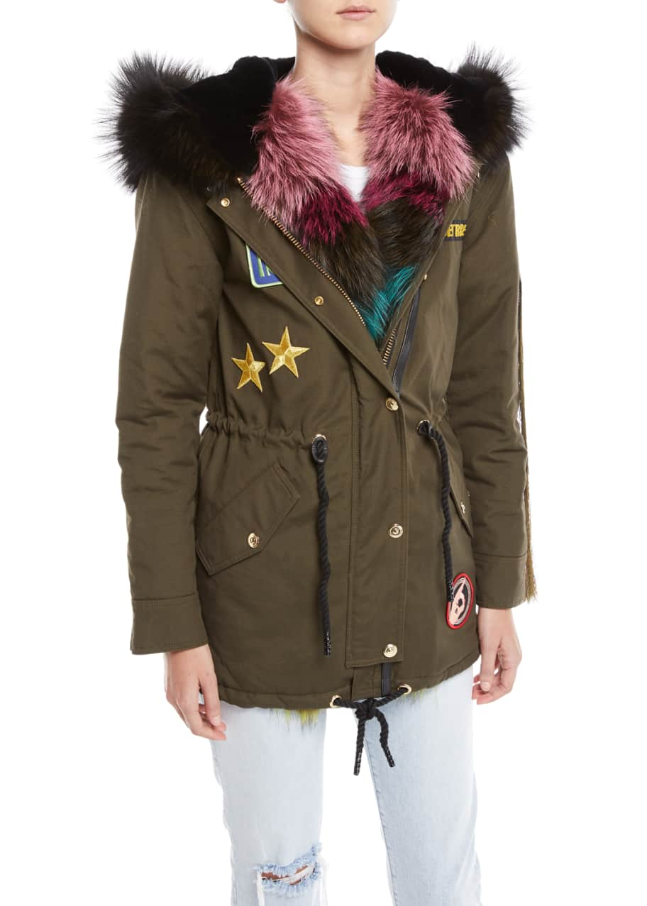 Moose Knuckles Superfreak Hooded Parka Coat w/ Fur Trim & Patches ...