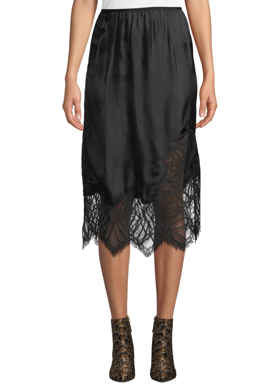 Helmut Lang Satin Lace MidiLength Slip Skirt Bergdorf Goodman
