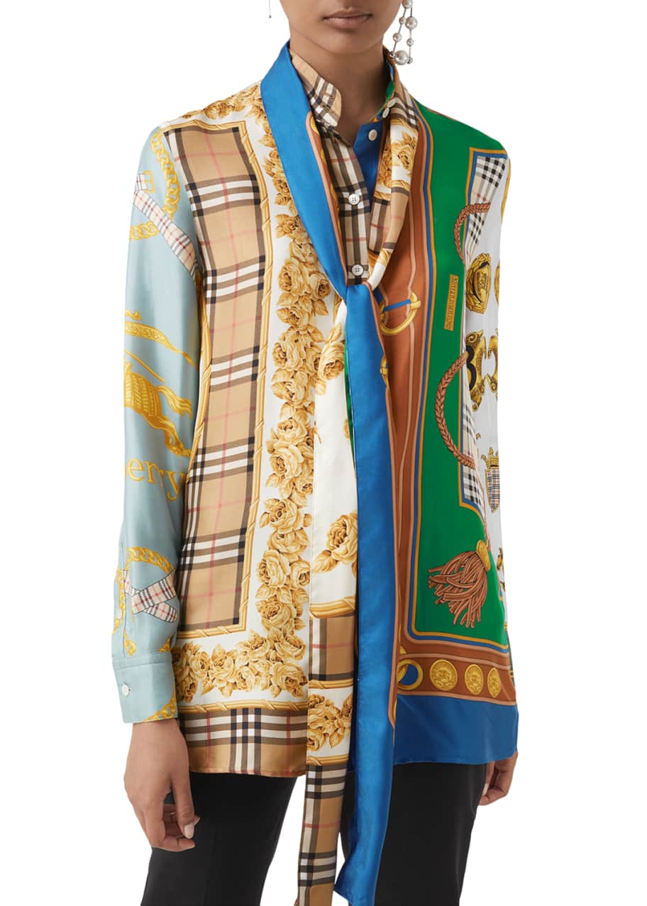 Burberry Shelduck Archive Scarf Print Tie Neck Mulberry Silk