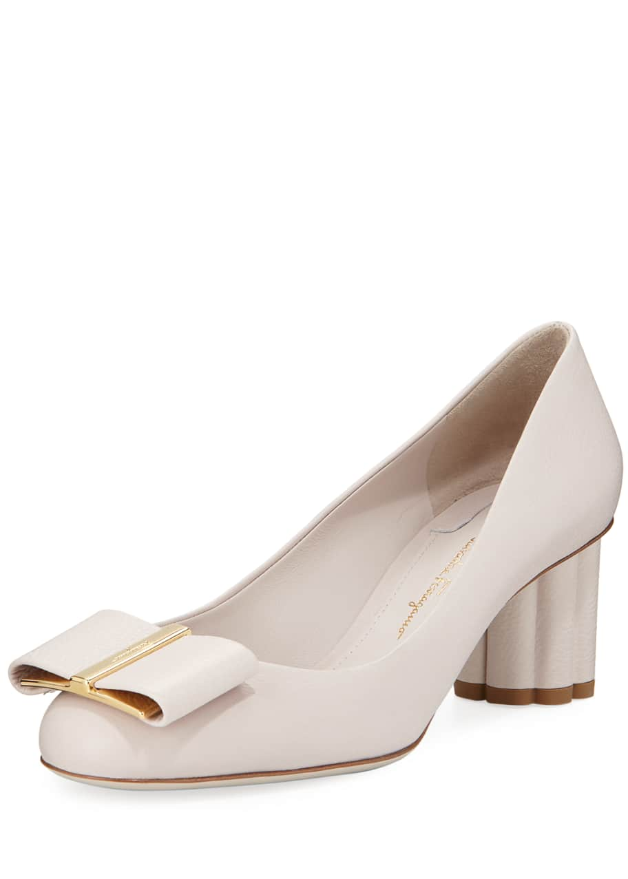 Salvatore Ferragamo Capua 55 Pebbled Leather Pumps with Vara Bow, White ...