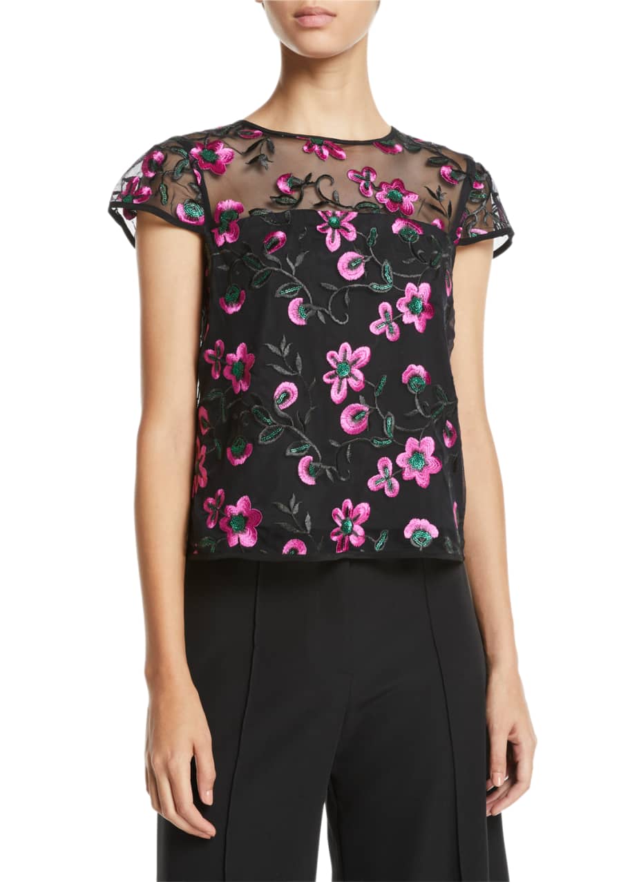 Milly Cap-Sleeve Floral-Embroidered Tulle Tee - Bergdorf Goodman