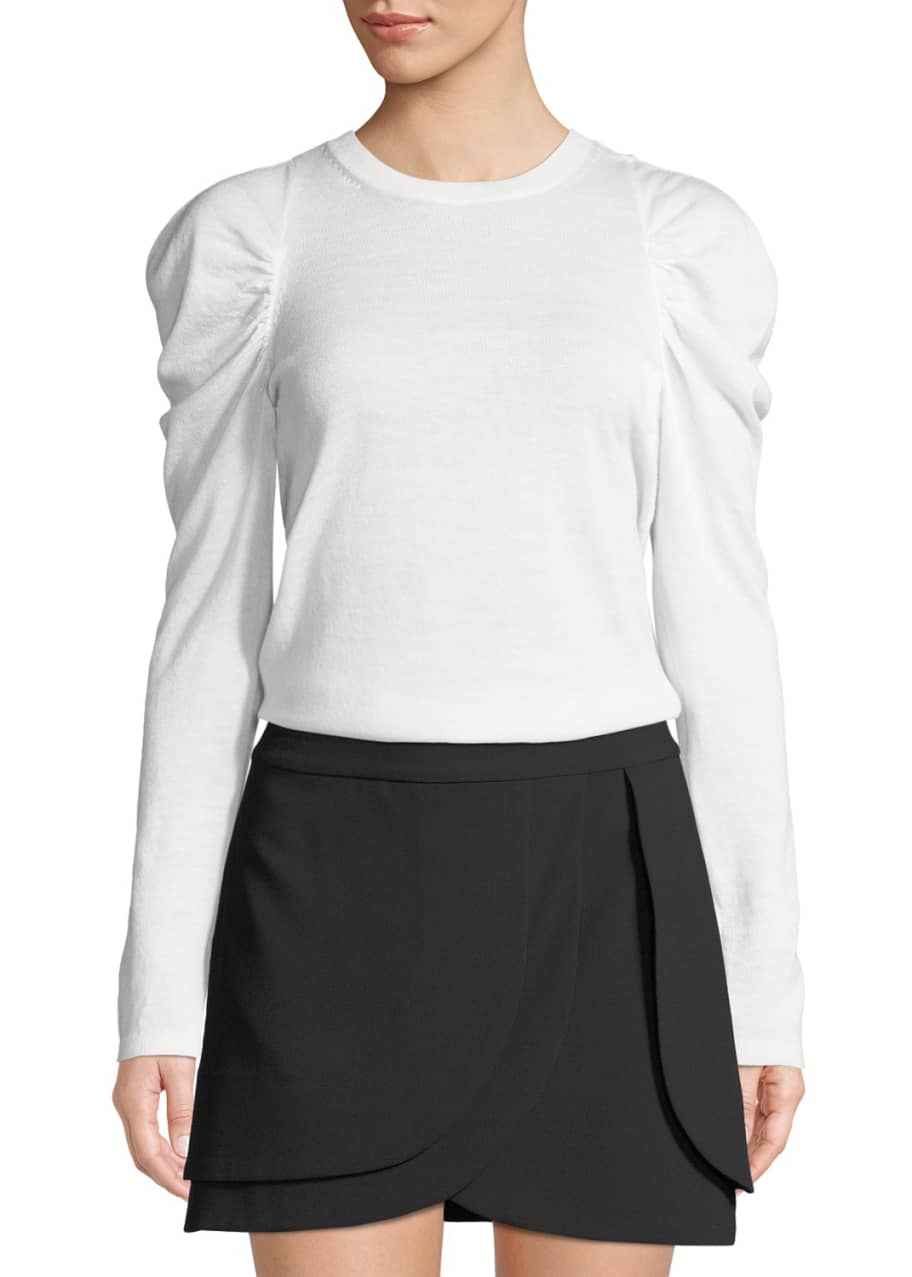 Image 1 of 1: Lidia Crewneck Gathered-Sleeve Stretch-Wool Top