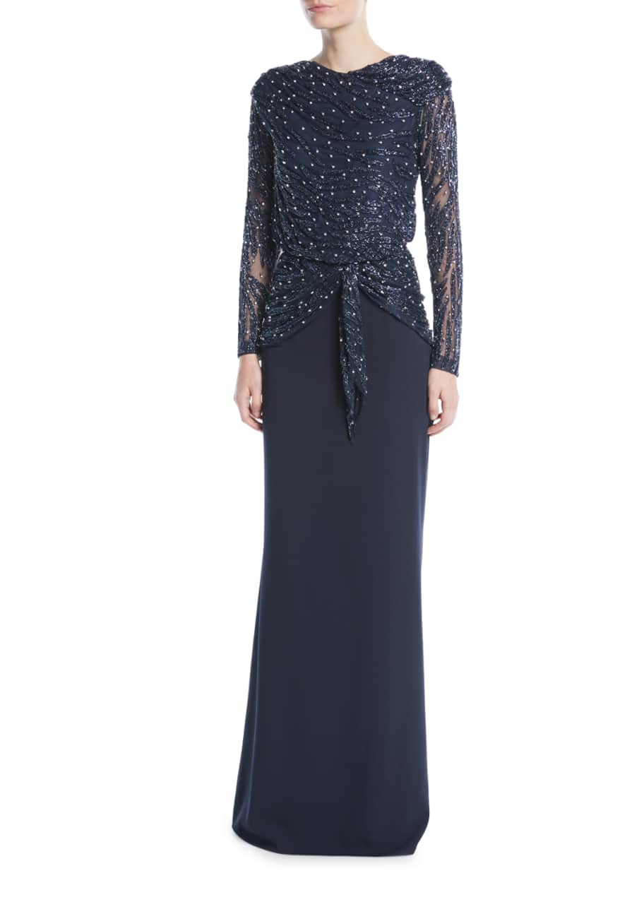 Rachel Gilbert Hand-Beaded Long-Sleeve Evening Gown w/ Crepe - Bergdorf ...