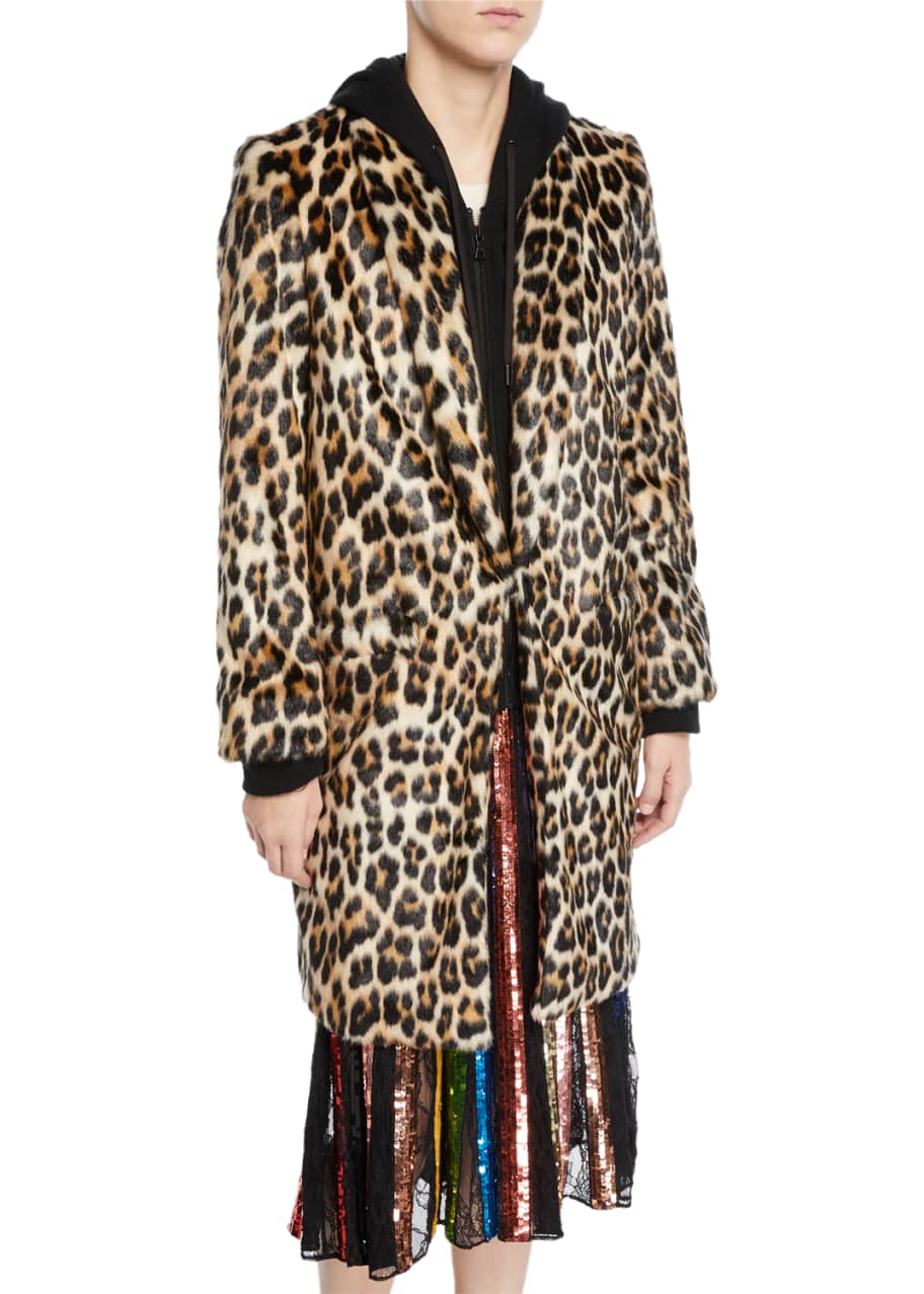 Image 1 of 1: Kylie Hoodie Long Leopard Faux-Fur Coat