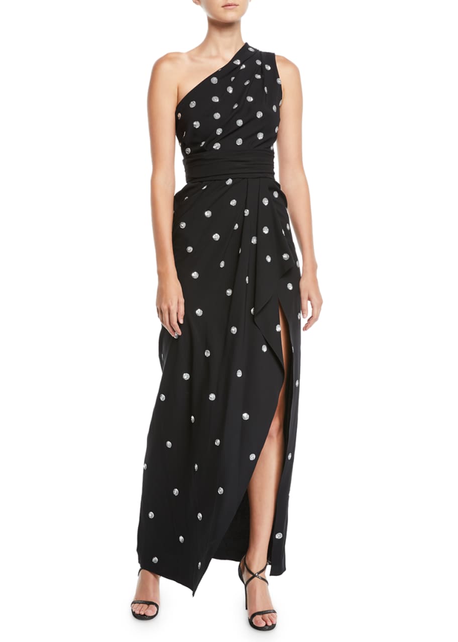 Oscar de la Renta One Shoulder Sequined Polka Dots Silk Evening
