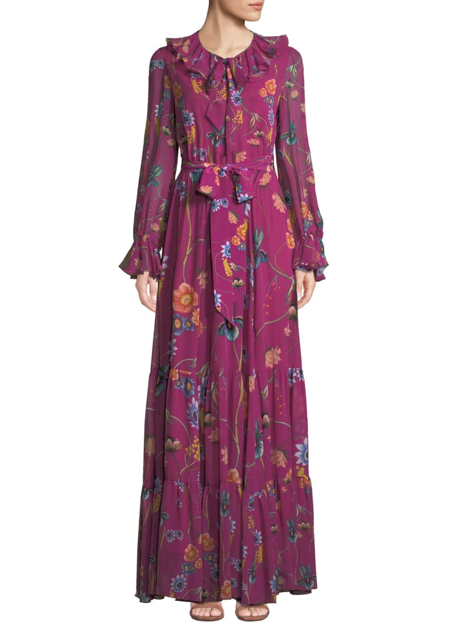 Image 1 of 1: Anna Long-Sleeve Floral-Print Silk Georgette Maxi Dress