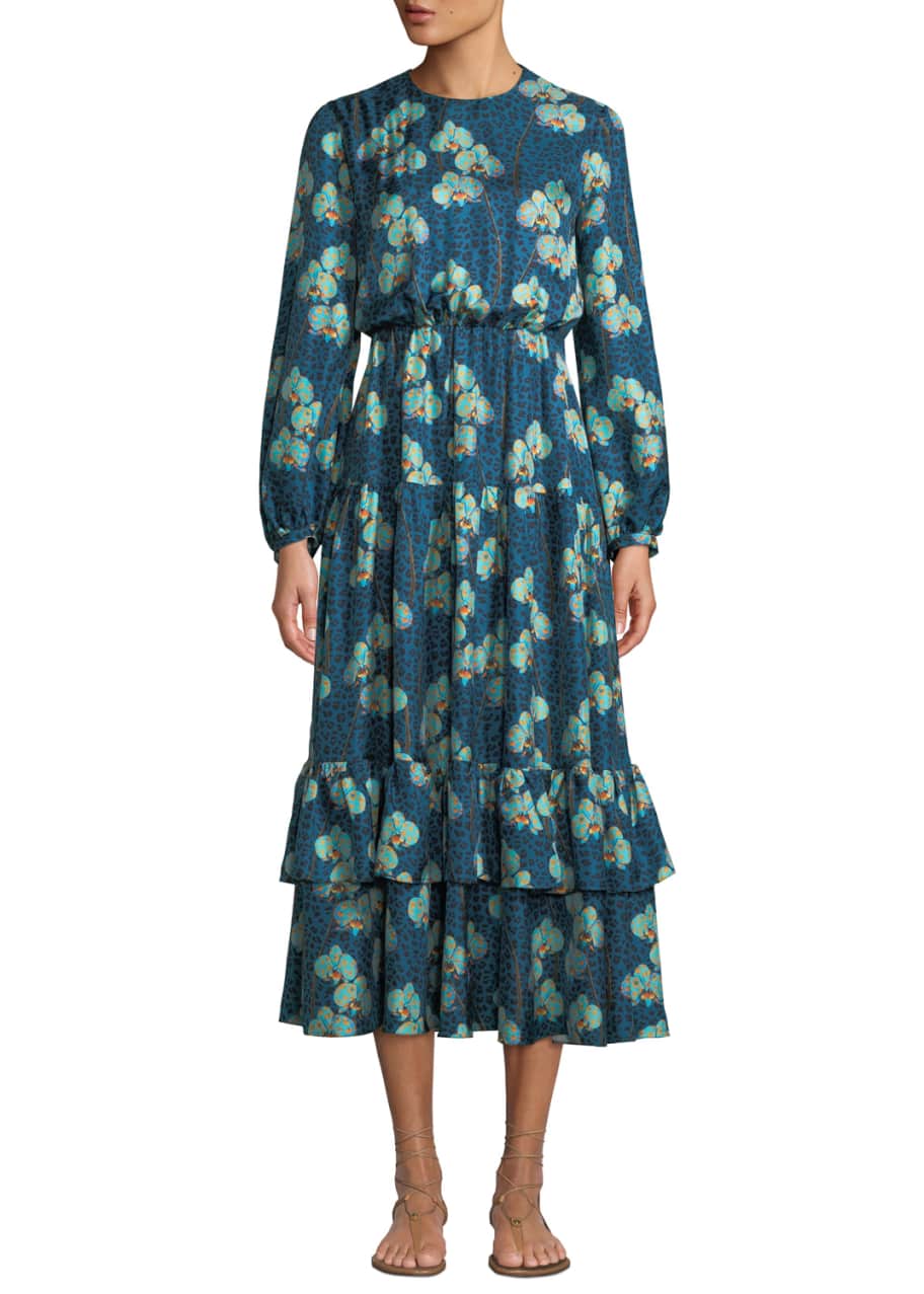 Image 1 of 1: Augustina Long-Sleeve Leopard Orchid Print Silk Twill Long Dress