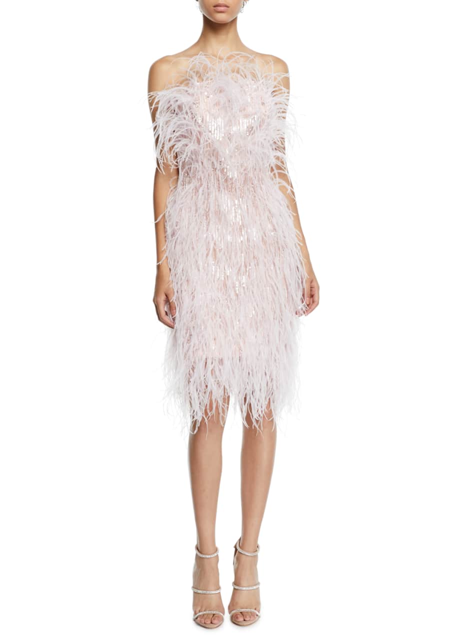 Image 1 of 1: Feather & Crystal Fringe Strapless Cocktail Dress