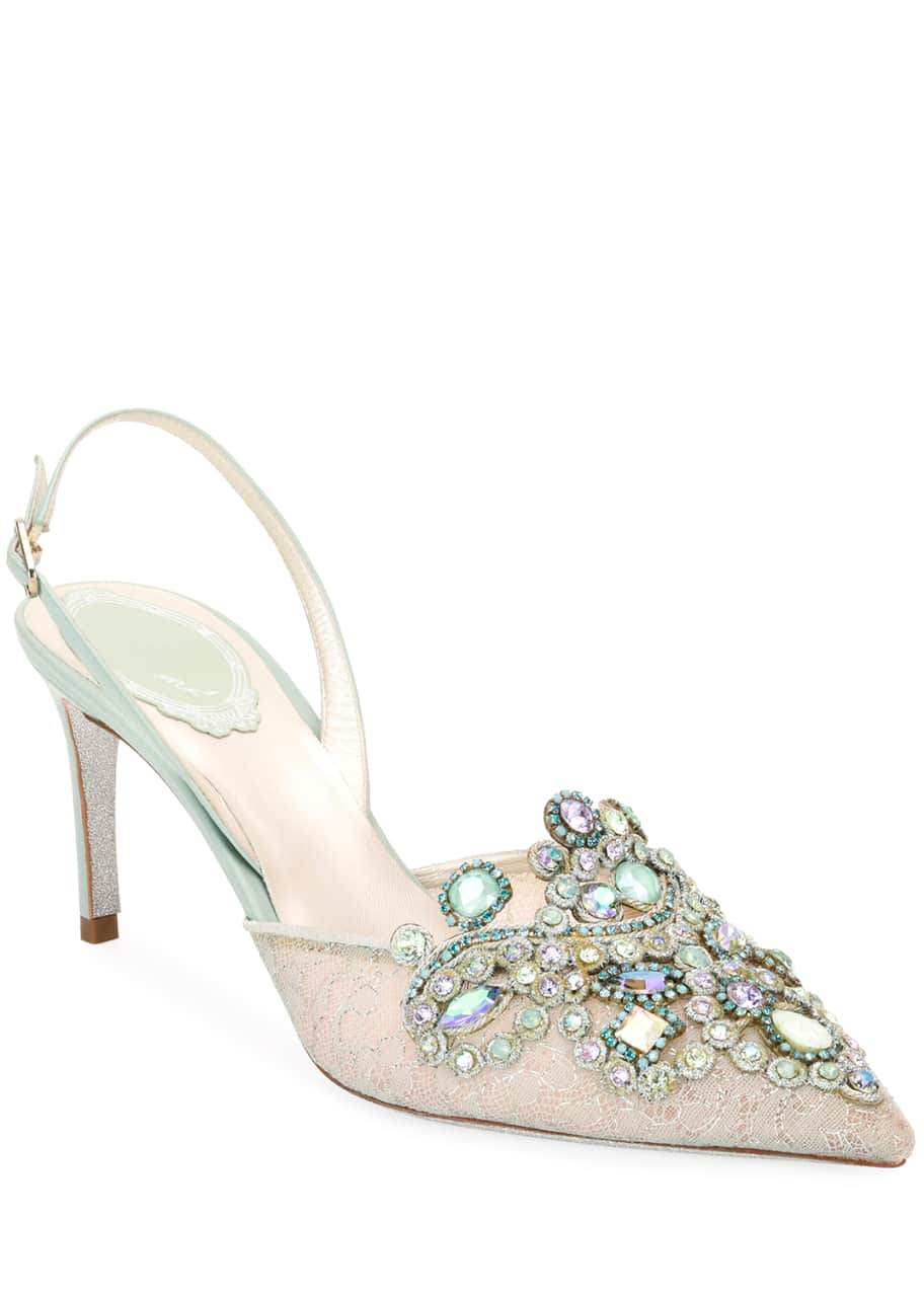 Rene Caovilla Venezia Embellished Lace Pumps, Light Green Bergdorf
