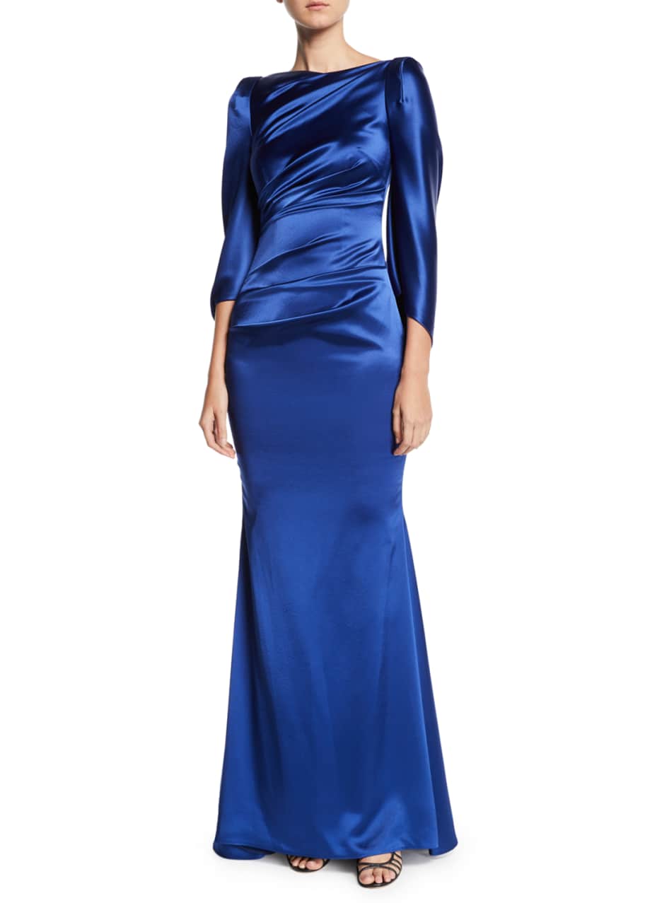 Image 1 of 1: High-Neck Cape-Sleeve Satin Trumpet Evening Gown
