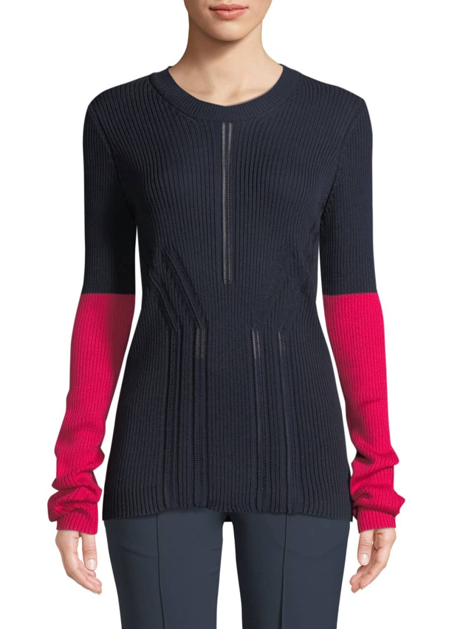 Image 1 of 1: Crewneck Long-Sleeve Colorblock Pointelle-Knit Sweater