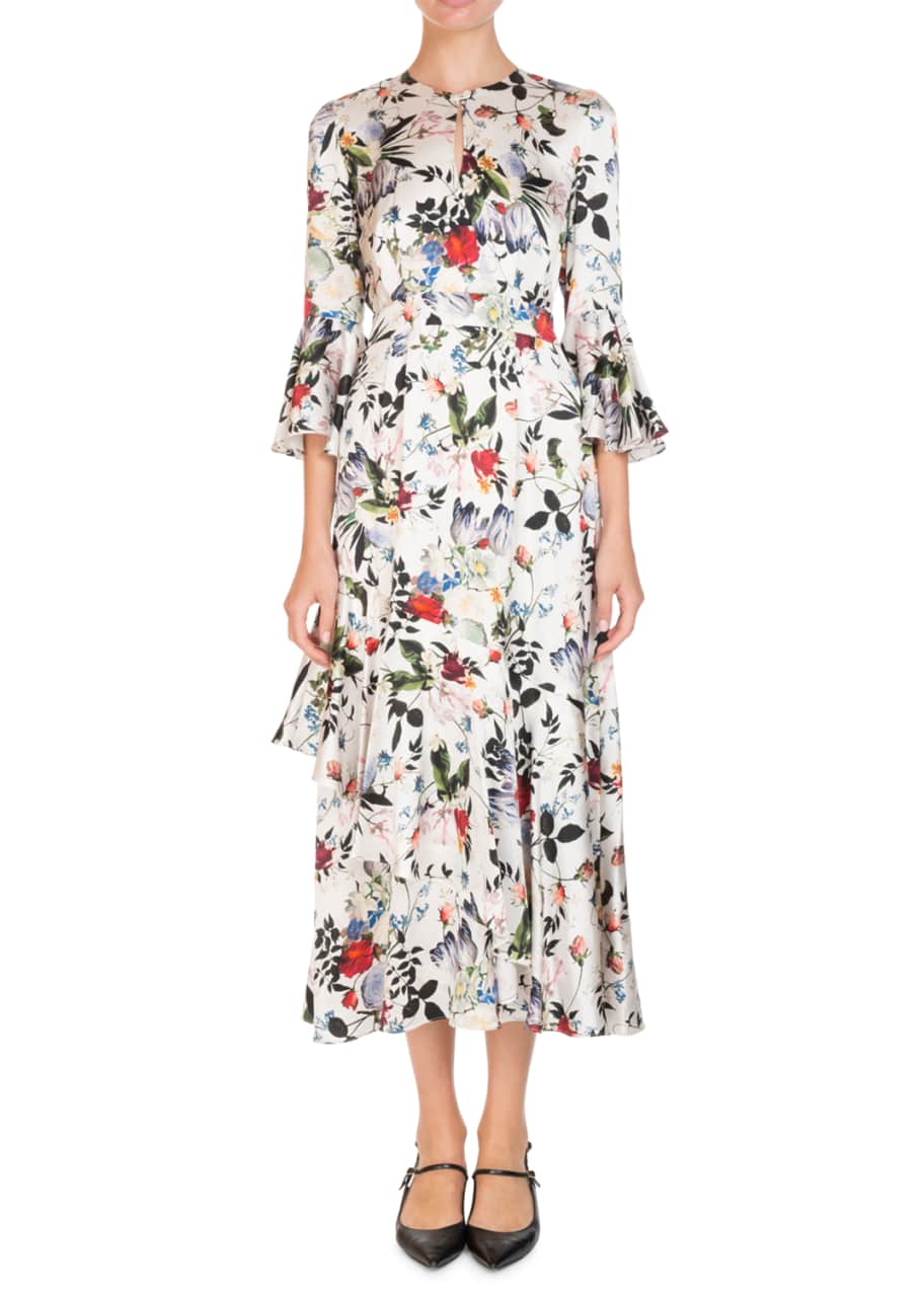 Image 1 of 1: Florence Keyhole-Front Bell-Sleeve Floral-Print Silk Midi Dress