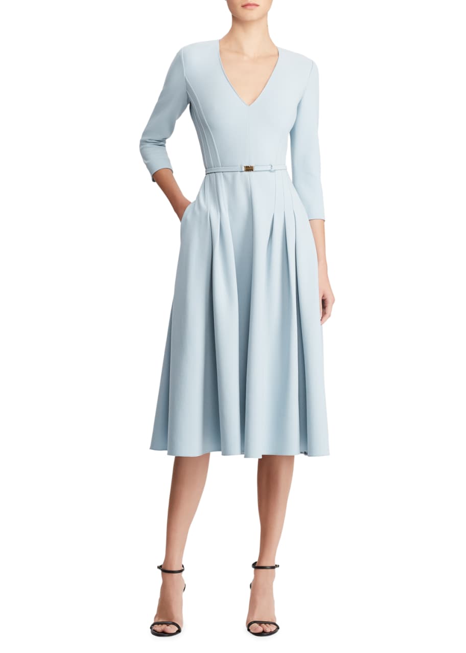 Ralph Lauren Collection V-Neck Belted Wool A-Line Midi Dress - Bergdorf ...