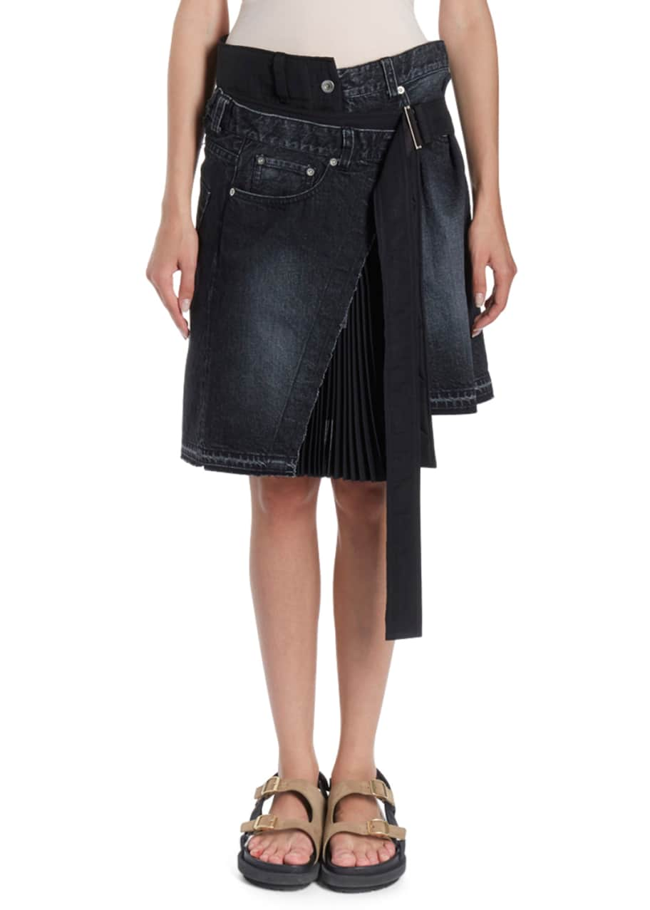 SACAI Asymmetric Pleated Wrap Denim Skirt - Bergdorf Goodman