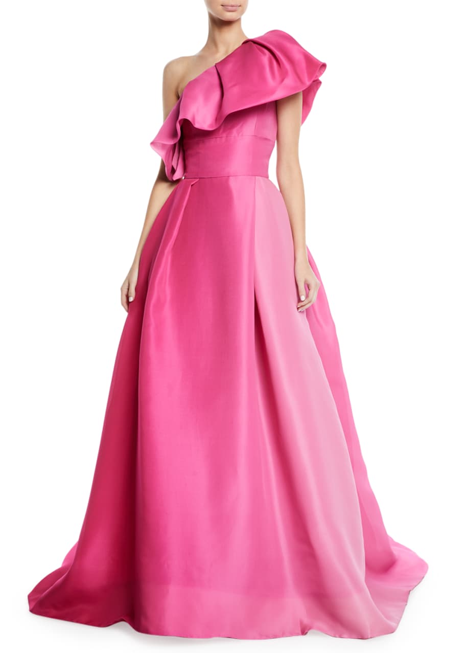 Image 1 of 1: One-Shoulder Ruffle-Neckline Ball Gown