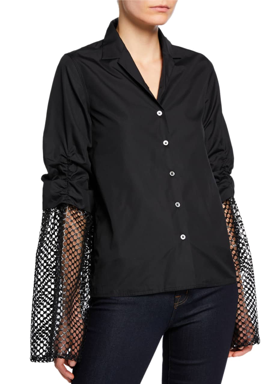 Image 1 of 1: Poplin Button-Up Blouse with Mesh Sleeves