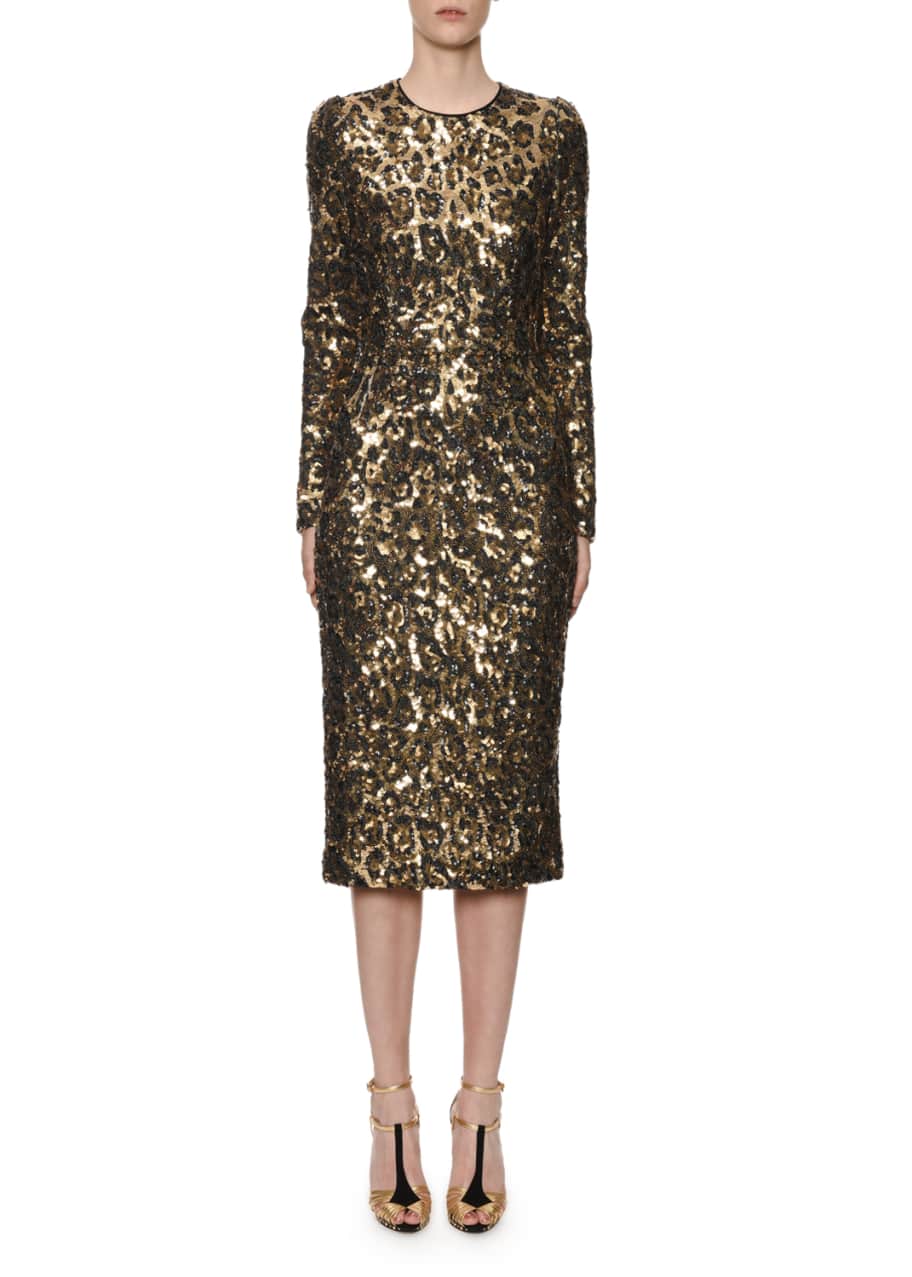 Dolce&Gabbana Long-Sleeve Sequined Leopard-Print Midi Dress - Bergdorf ...