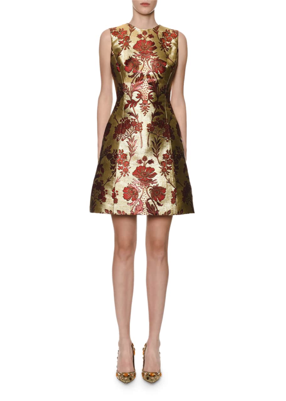 Dolce Gabbana Sleeveless Metallic Floral Jacquard A Line Dress