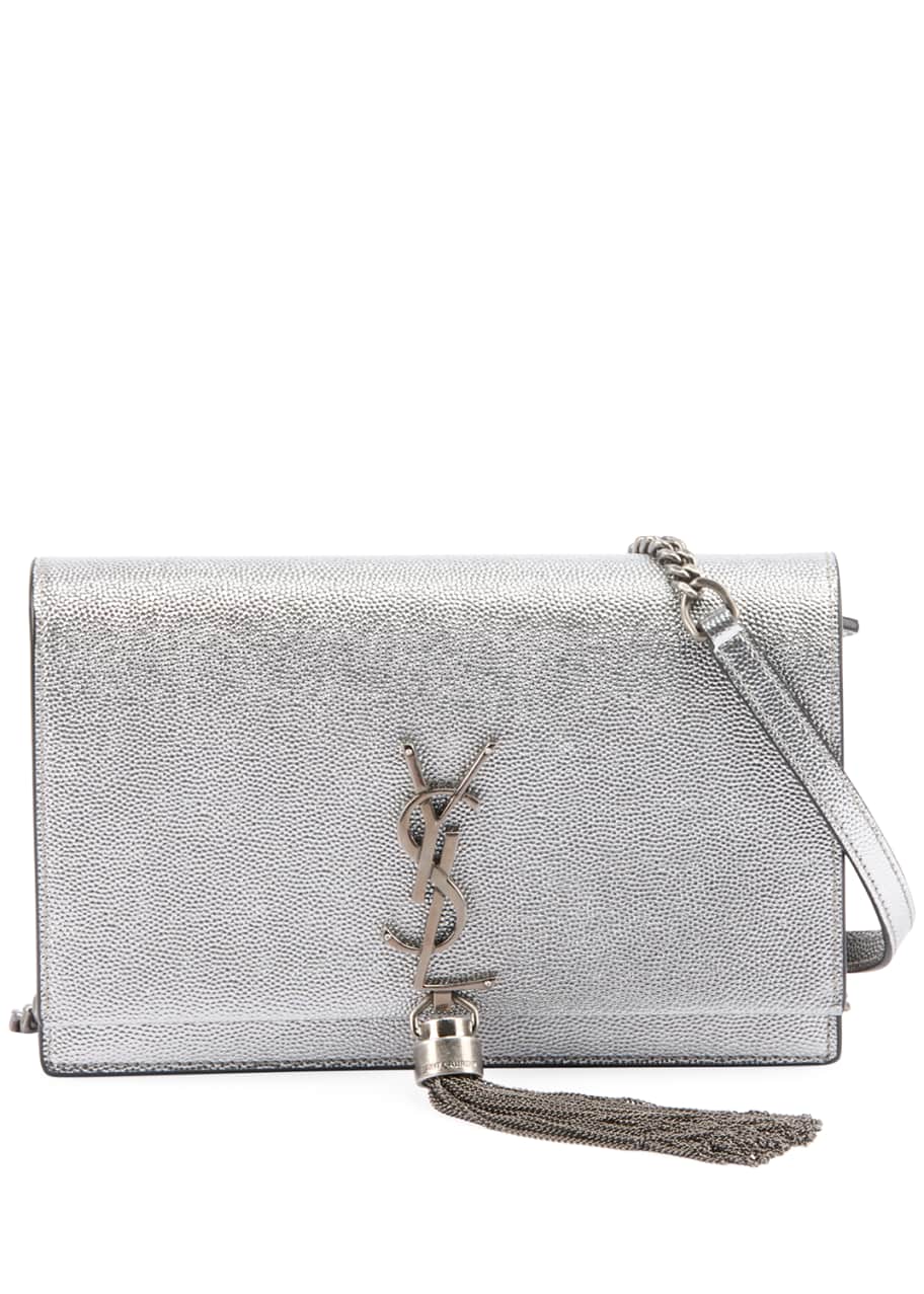 Saint Laurent Silver Metal Leather Heart Coin Purse with Key Chain