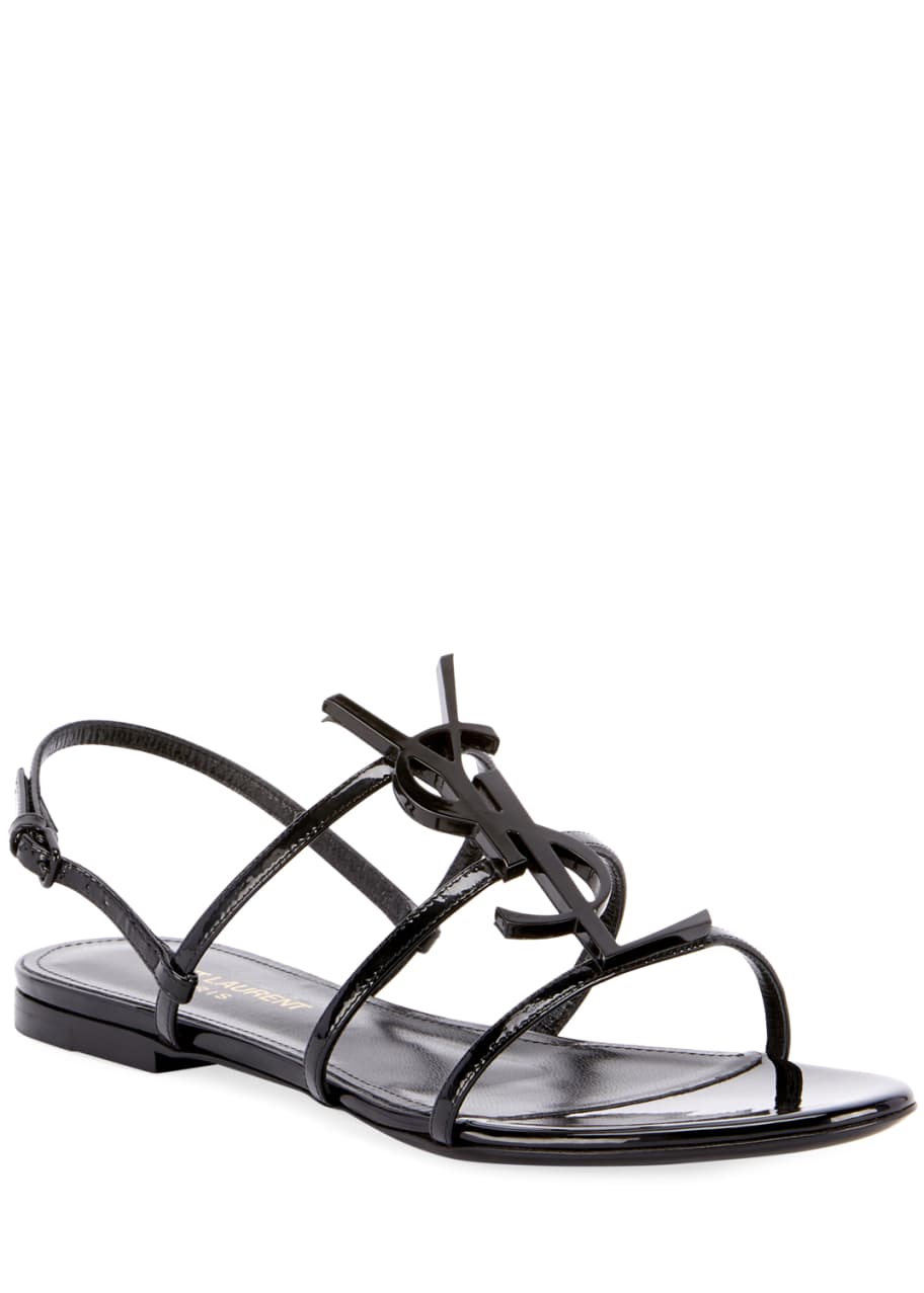 Saint Laurent Cassandre YSL Logo Flat Patent Sandals Bergdorf