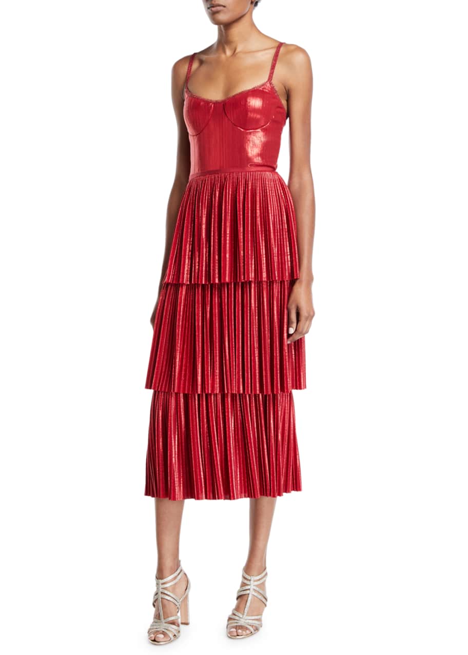 Marchesa Notte Pleated Lame Tiered Cocktail Dress w/ Metallic Trims ...