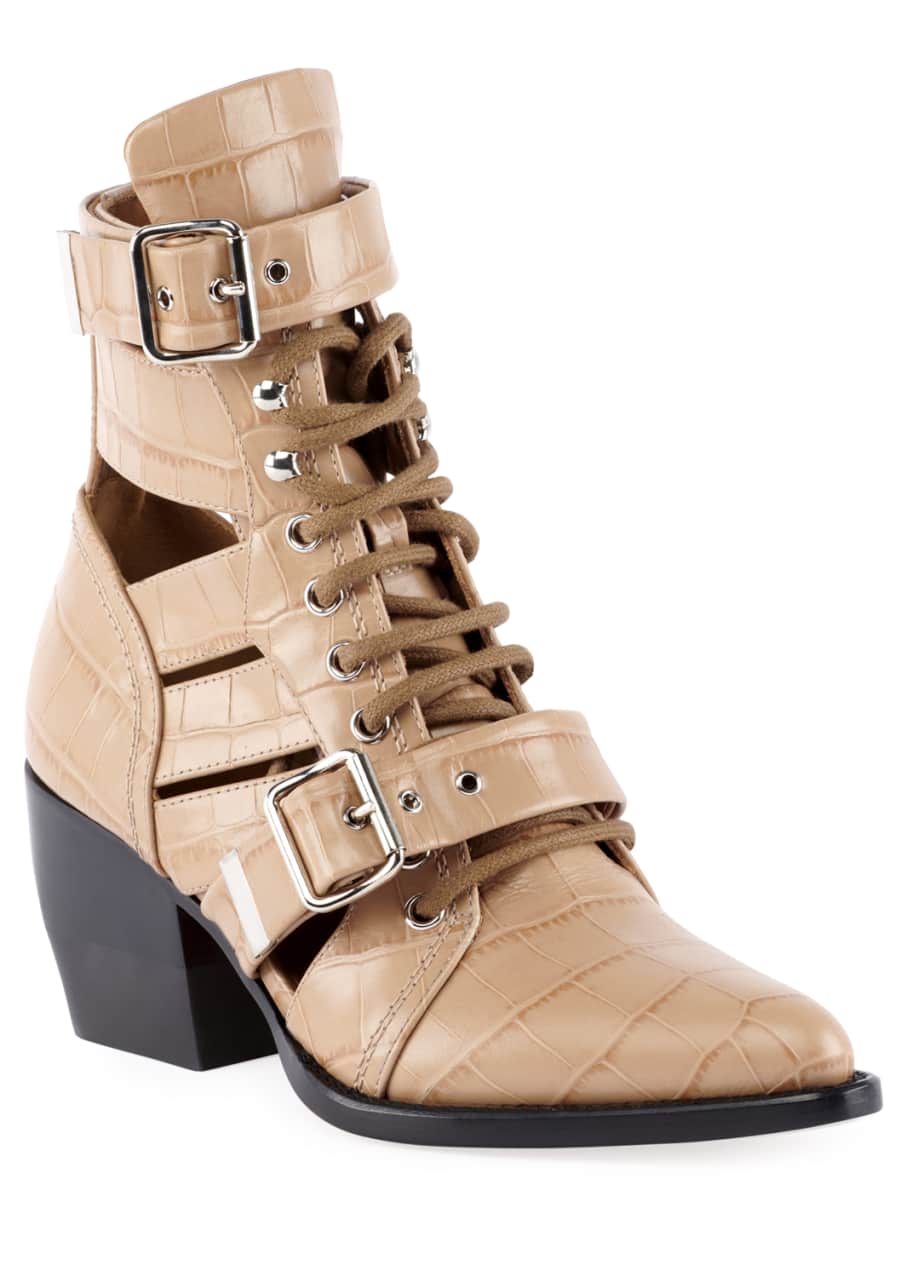 Image 1 of 1: Rylee Croco Cutout Block-Heel Lace-Up Combat Boots